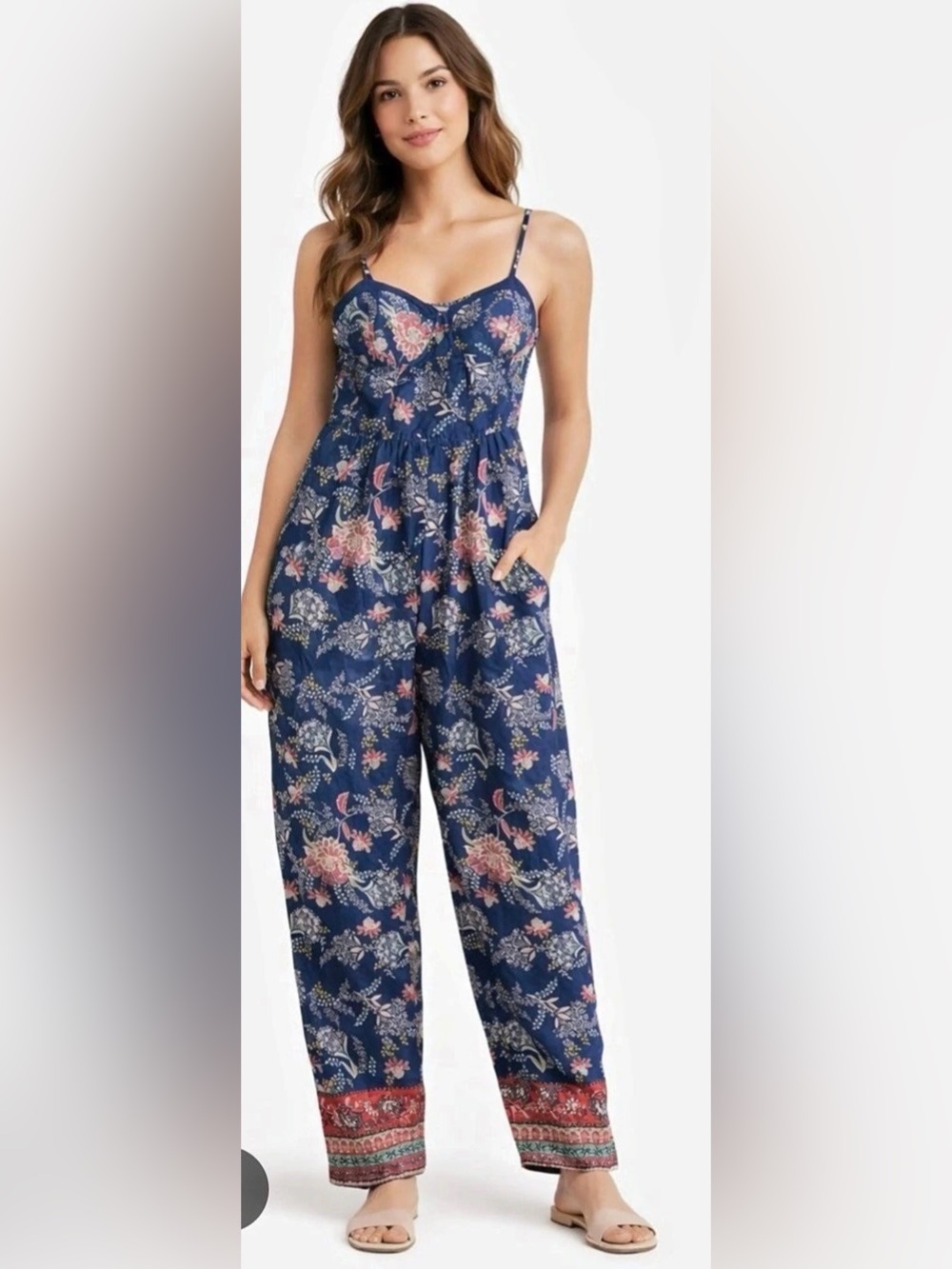 Band of Gypsies Jumpsuit Floral Wide Leg in Blue & Red NWT